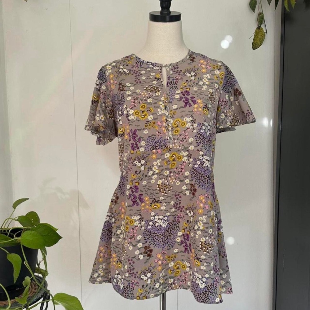 Suzanne Betro SB Women Grey Purple Floral Babydoll Mini Dress Empire Waist L